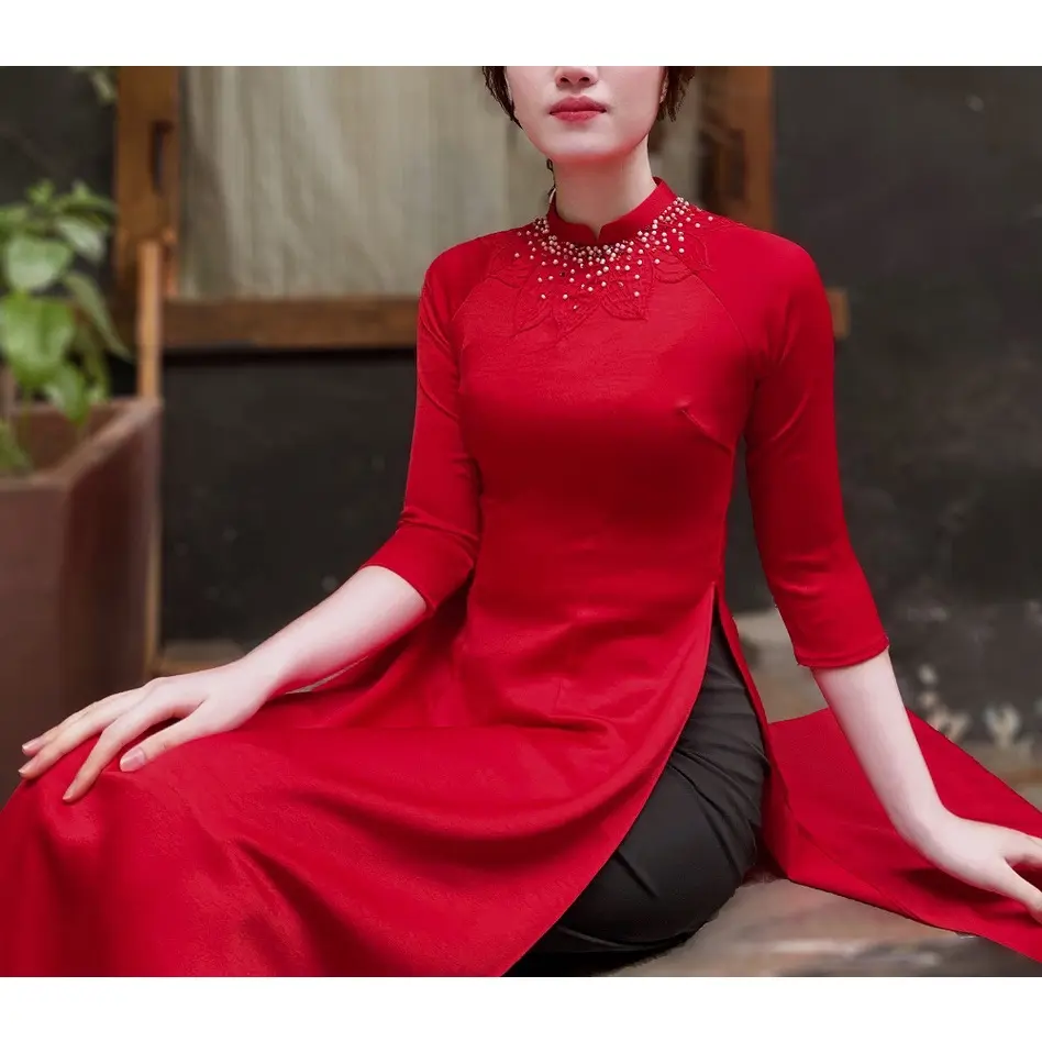 Áo dài Tết truyền thống thêu tay thủ công - Áo Dài Nhà Tấm D7 Ngọc Liên đỏ (Lẻ áo ko quần)