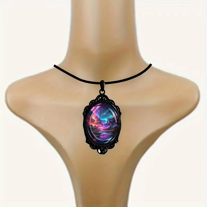 1 Fashion Elegant Color Aurora Landscape Pattern Black Frame Glass Necklace Romantic Gift Jewelry seaglass  jewelry floral  bracelet spiral  bridge  jewellery drop  necklaces amber berkeley  weaver grey's  anatomy  proposal crystal  healing bead large lv 3