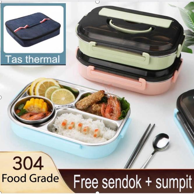 Lengkap Dengan Tas Biru dan Alat Makan! Lunch Box Kotak Makan Kotak Bekal Berkualitas Stainless Steel Anti Tumpah dan Tahan Panas 1