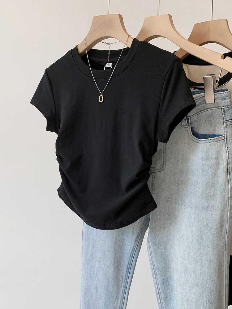 Product Introduction of Pleated design sense T-shirt women's summer new cotton waist curved hem slim short sleeve 7