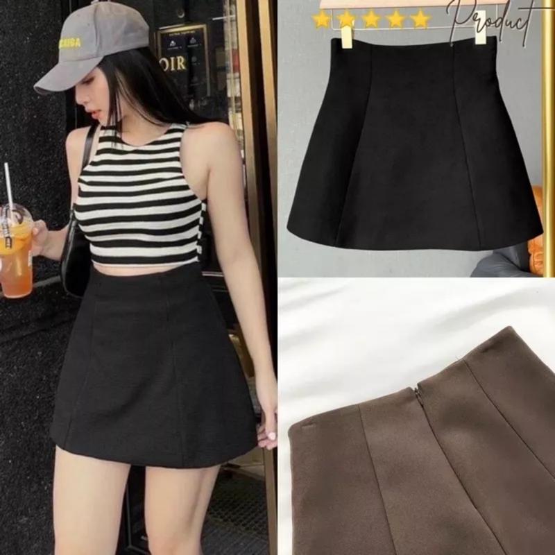 Chân váy A ngắn lưng cao dáng dài công sở ôm xòe màu đen nâu xếp ly - Chân váy chữ a cạp liền có quần trong đi biển đẹp Nữ Jean