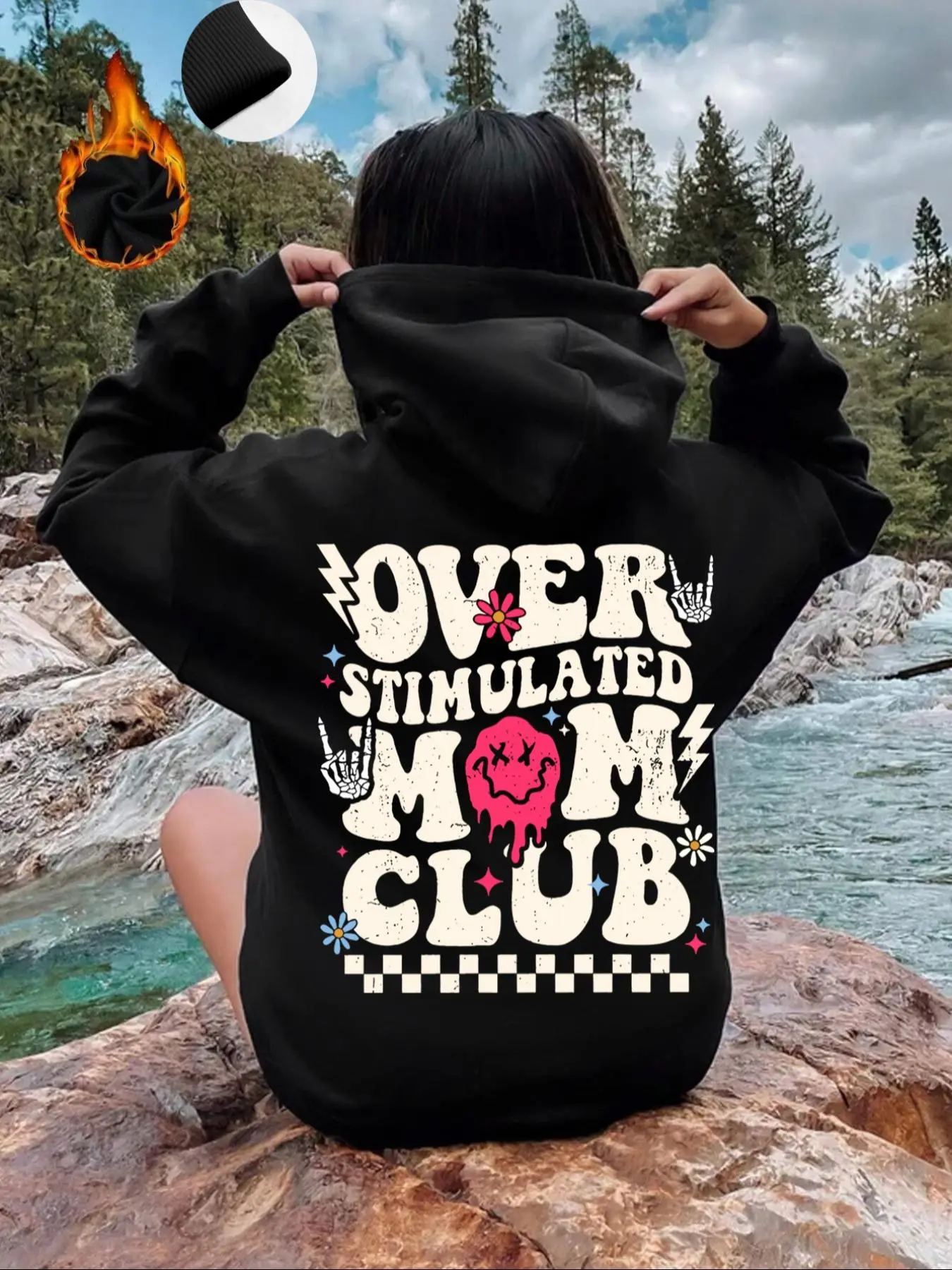 Women's Cartoon Letter Print Drop Shoulder Thermal Lined Hoodie, Fashion Casual Drawstring Pocket Hooded Sweatshirt for Daily Holiday Outdoor Wear, Ladies Clothes for Fall & Winter