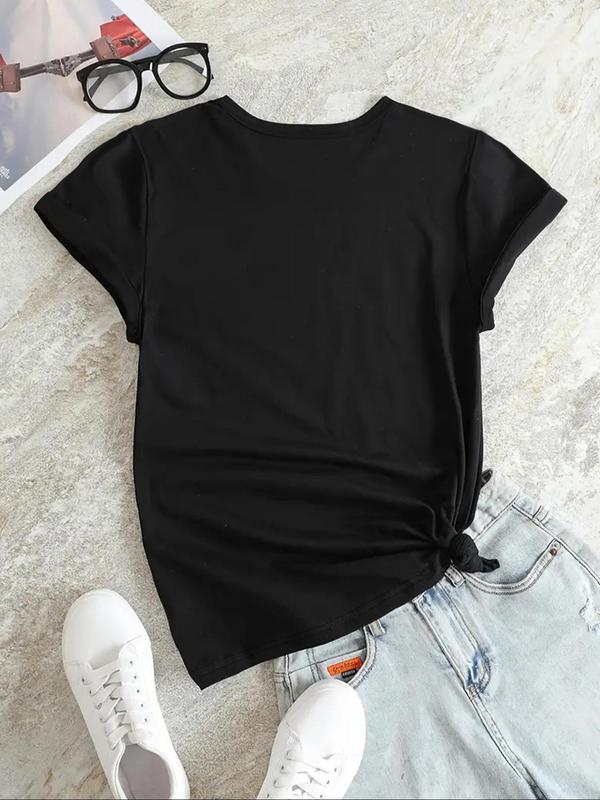 Women's Letter & Heart Print Round Neck Tee, Casual Short Sleeve T-shirt for Daily Holiday Vacation Outdoor Wear, Ladies Clothes for Summer 1