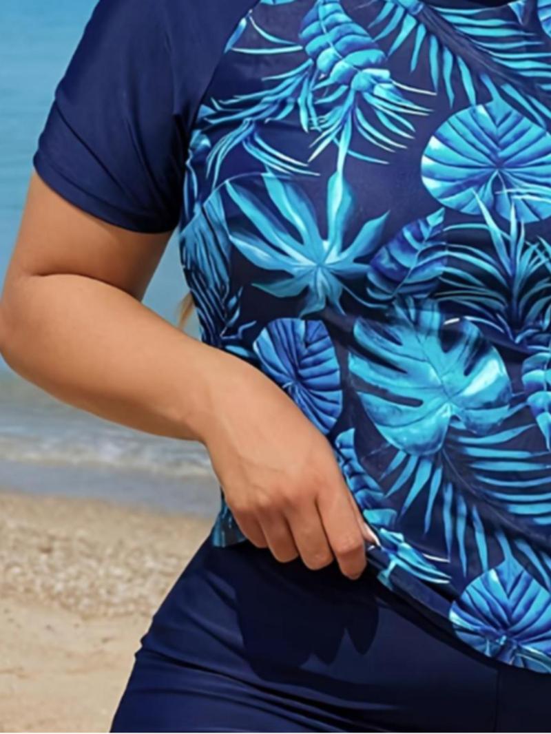 Product Introduction of 【Plus Size】 Tropical Print Tankini Set, Casual Raglan Sleeve Round Neck Swim Top & Swim Shorts, Women's Two-Piece Swimsuit for Beach Holiday Vacation 7