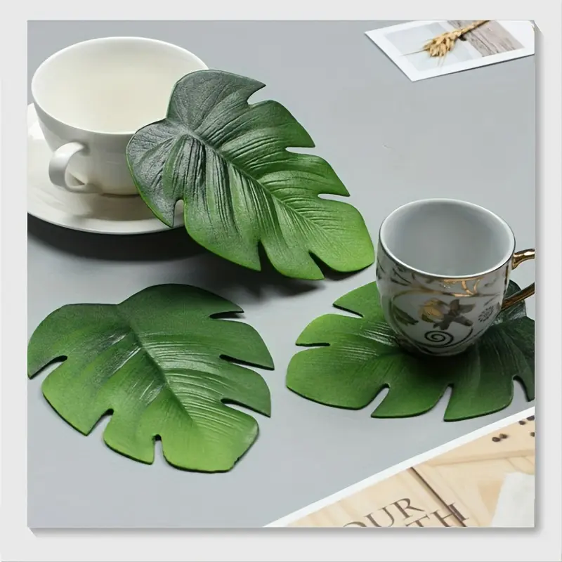 4 PCs Set Tropical Green Plant Coasters-Multifunctional Eva Mat Dinner Mat with Coasters, Suitable for Party and Home Decoration