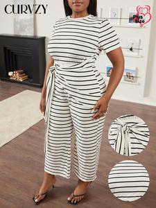 CURVZY Plus Size Autumn Aesthetic Striped Print Knot Front Wide Leg Jumpsuit, Casual Short Sleeve Round Neck Jumpsuit for Summer, Women's Plus Clothing for Daily Wear