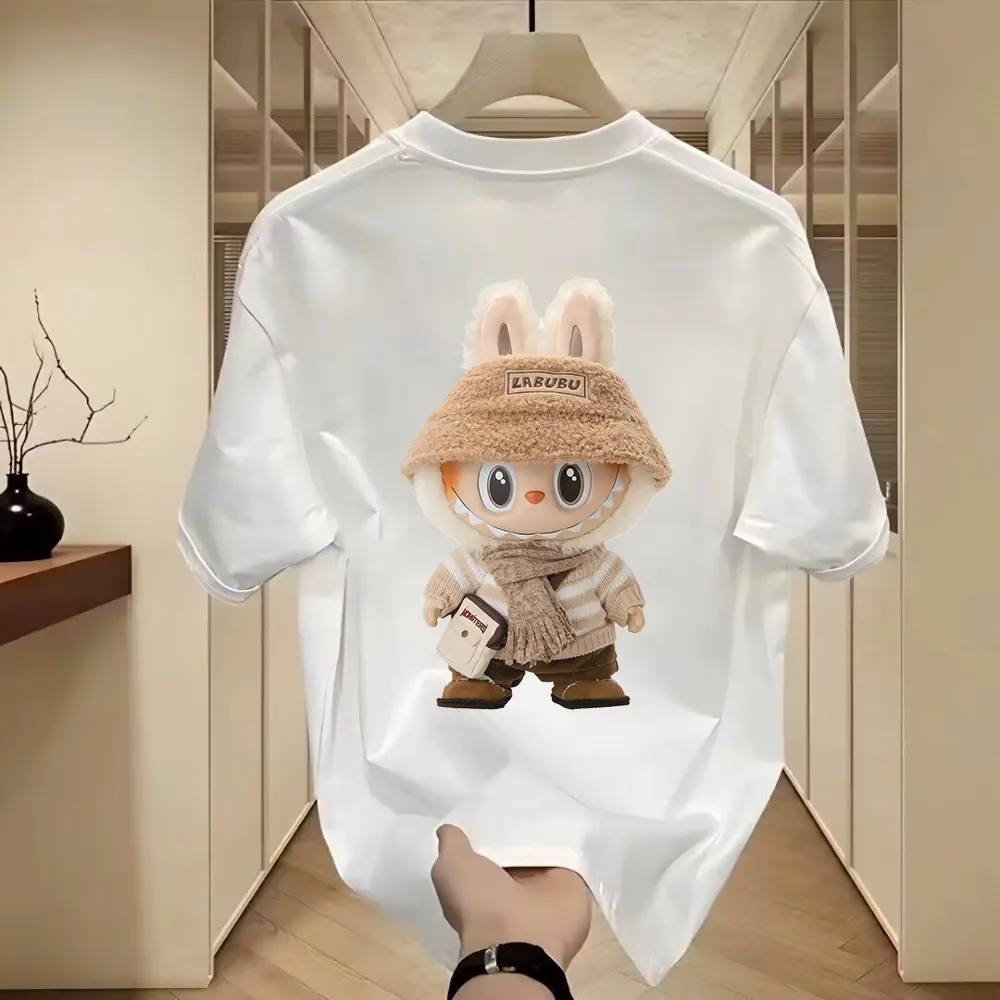 100% Cotton Fun Cartoon Labubu Loose Short-sleeved T-shirt Crew Neck Top for Men and Women Unisex