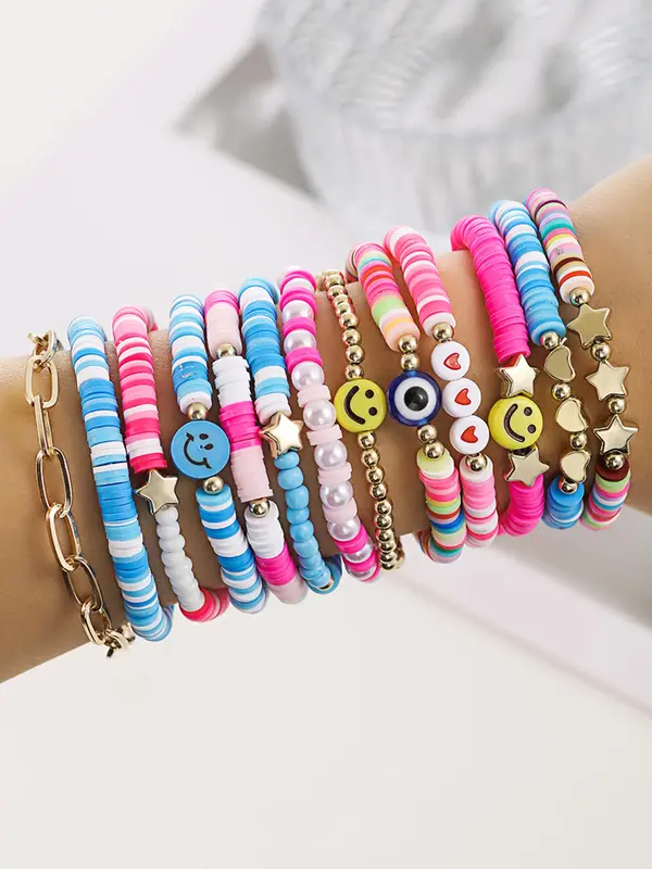 Boho Style Colorblock Star Charm Bracelet, Cute Trendy Eye & Smile Face Polymer-clay Bracelet, Fashion Accessories for Women & Girls 5