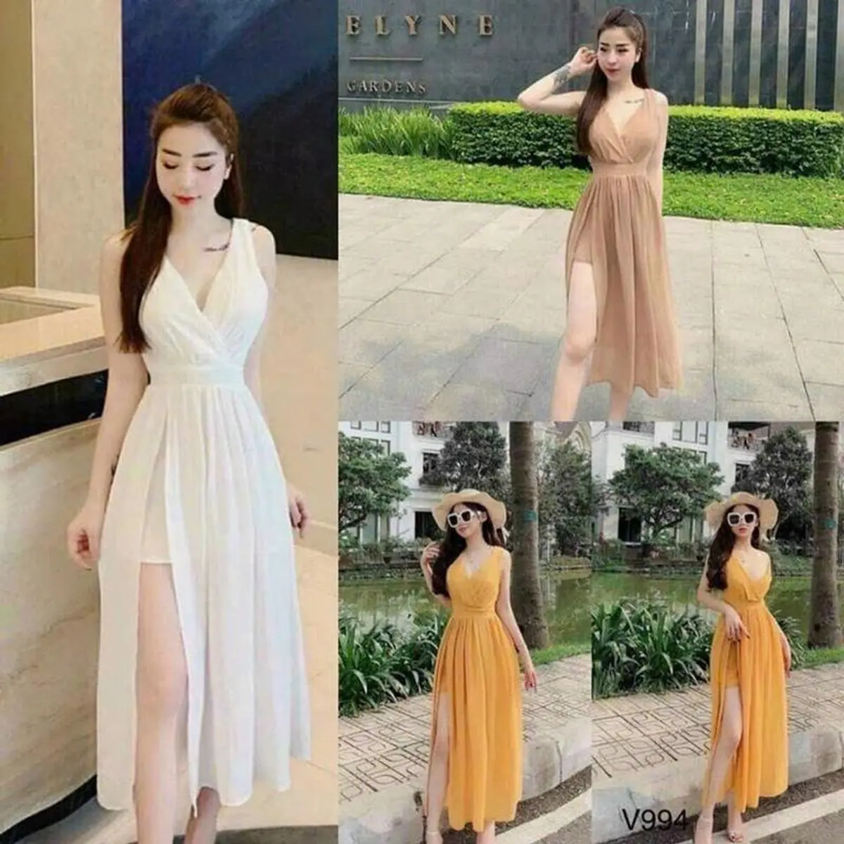 Đầm váy đi biển thời trang nữ KEM chất voan chiffon không tay bo eo 2 lớp xẻ lai đùi maxi