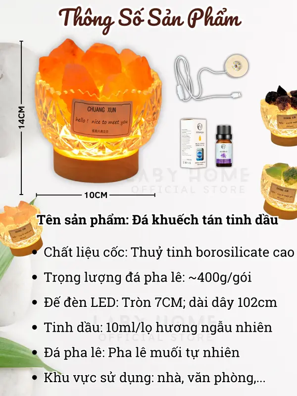 Cốc Đá Xông Tinh Dầu Kèm Đế Đèn Khuếch Tán Decor Không Gian, Đá Pha Lê Muối Lan Toả Hương Thơm Thư Giãn Thiên Nhiên 2