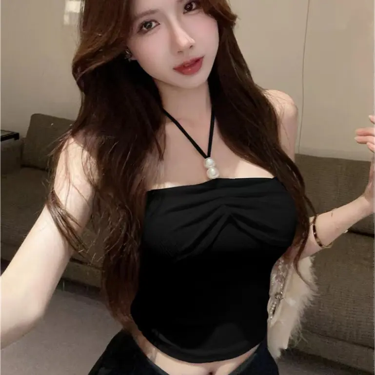 TANKTOP Knit Halter Vest Hiasan Mutia-Halter Knit Tank Vest Elegant Pearl Detailed-y0910