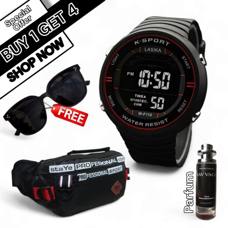 JAM TANGAN DIGITAL LASIKA ORI TAHAN AIR PAKET BUNDLING BELI 1  DAPAT 4, JAM TANGAN DIGITAL WATER RESISTANCE TAS SELEMPANG PARFUM 35 ml FREE KACAMATA Bercahaya Digital Tahan air keren Watches 6