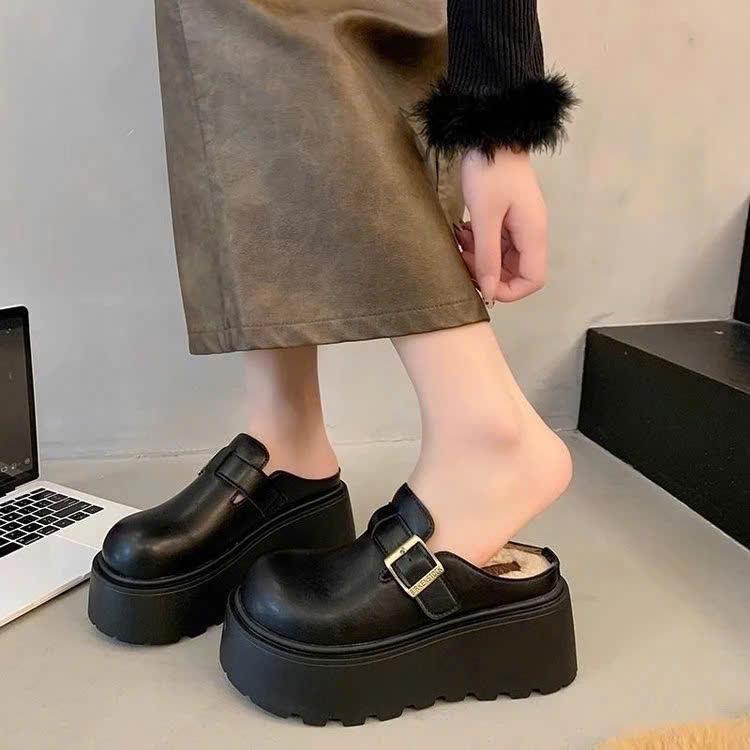 ( Hàng QC- Form chuẩn)  Sục da nữ lót lông độn đế 6cm - Sục nữ thời trang mã B03 MIMI DéP Shoes GiàY sục da  Women