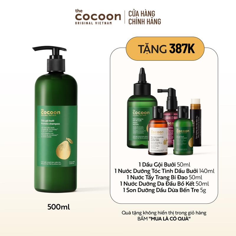   COMBO MUA 1 TẶNG 5  Bigsize - Dầu gội bưởi Cocoon giúp giảm gãy rụng và làm mềm tóc 500ml Tặng 1 Nước dưỡng tóc tinh dầu bưởi 140ml + 1 Dầu gội bưởi 50ml + 1 Nước dưỡng da đầu bồ kết 50ml + 1 Nước tẩy trang bí đao 50ml + 1 Son dưỡng dầu dừa Bến Tre 5g 