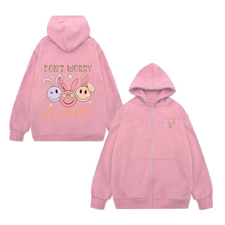Áo Khoác Khóa Nỉ - Thời Trang Thu Đông, Chất Vải Nỉ Cotton Mềm Mịn Hình Mặt Thỏ Don`t Worry Be Hoppy 0