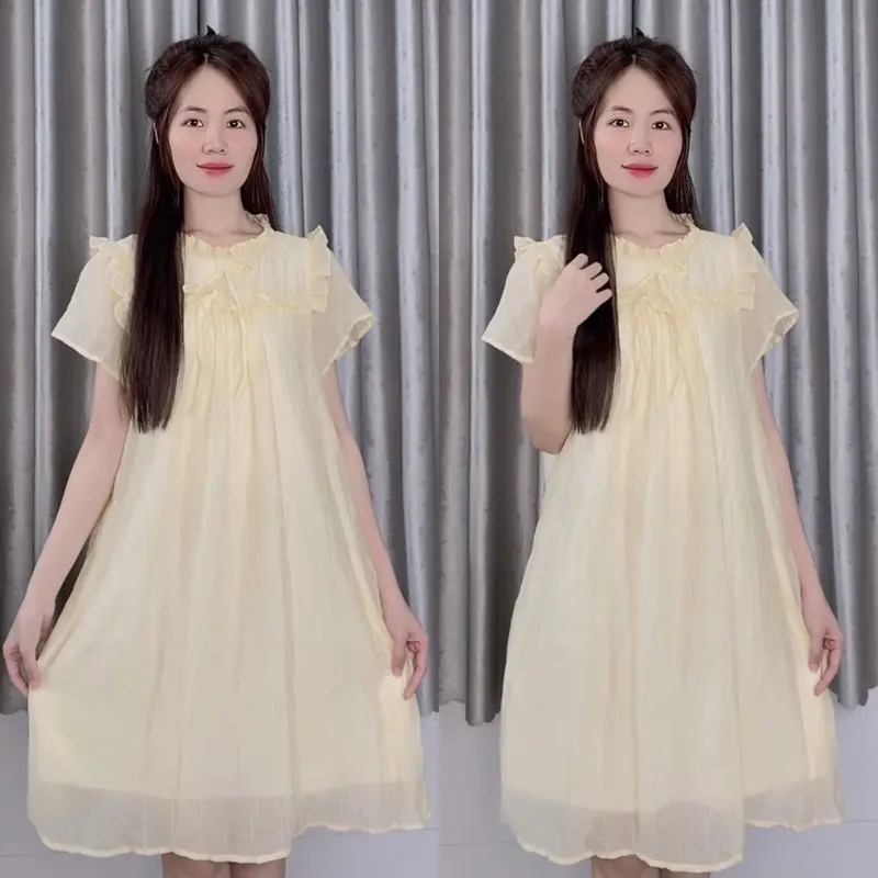 Đầm babydoll dáng xoè phối cổ tròn bèo cách điệu nơ vải đũi tơ mềm freesize Women Dress - Momly Dress