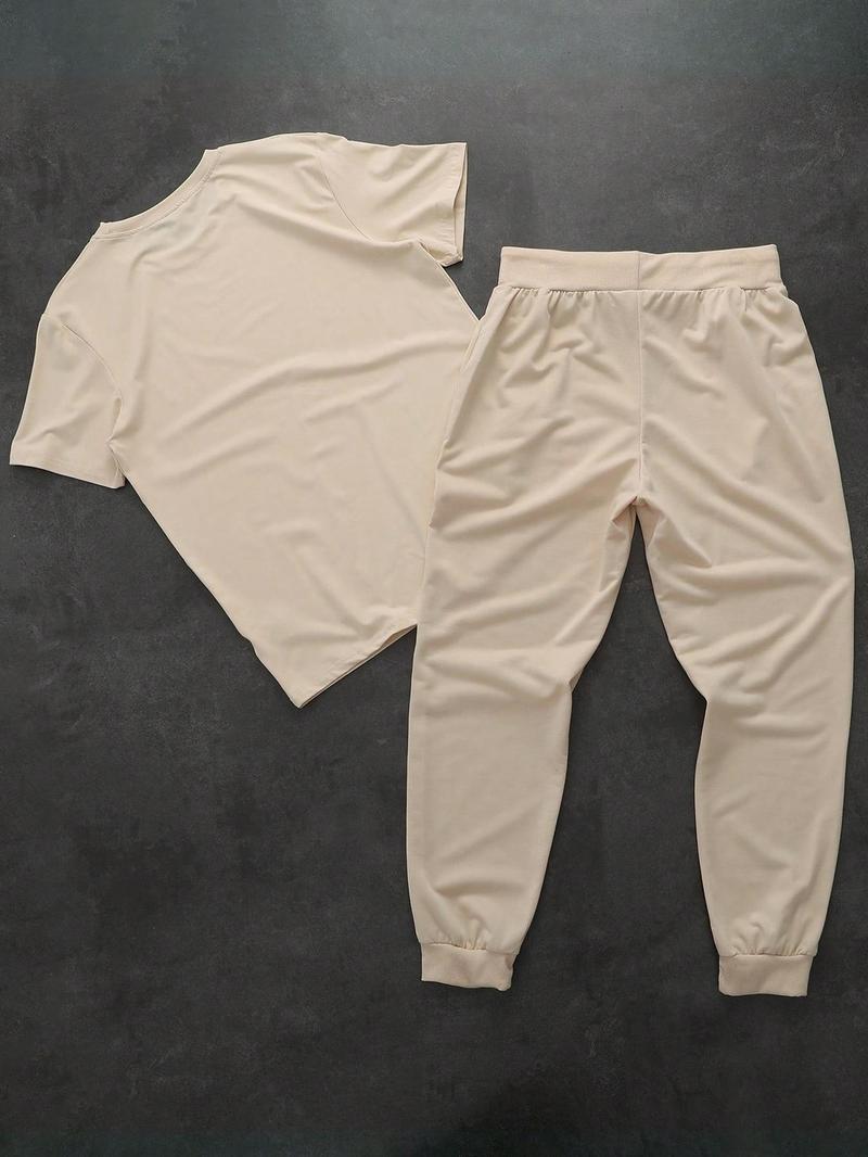 Product Introduction of Men's Letter Pattern Short Sleeve Tee & Pants Two-piece Set, Regular Fit Casual Round Neck T-shirt & Trousers, Men's Two-piece Outfits for Daily Wear 2