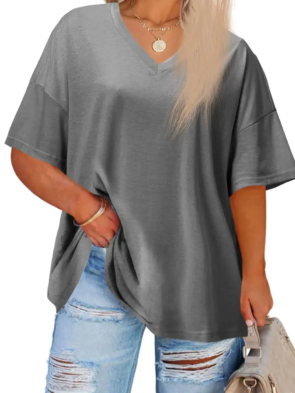 【Plus Size】 Plain V Neck Drop Shoulder Half Sleeve Tee, T Shirts for Women, Summer Tees, Summer Vacation Tops, Hide Tummy, Casual Basic T-shirt, Women's Clothing for Daily Wear, Back To School, T Shirts for Women, White Tshirt Women, Tops for Women 4
