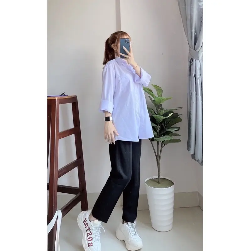 Áo sơ mi trắng xanh dài tay kate kiểu dáng basic dễ mặc