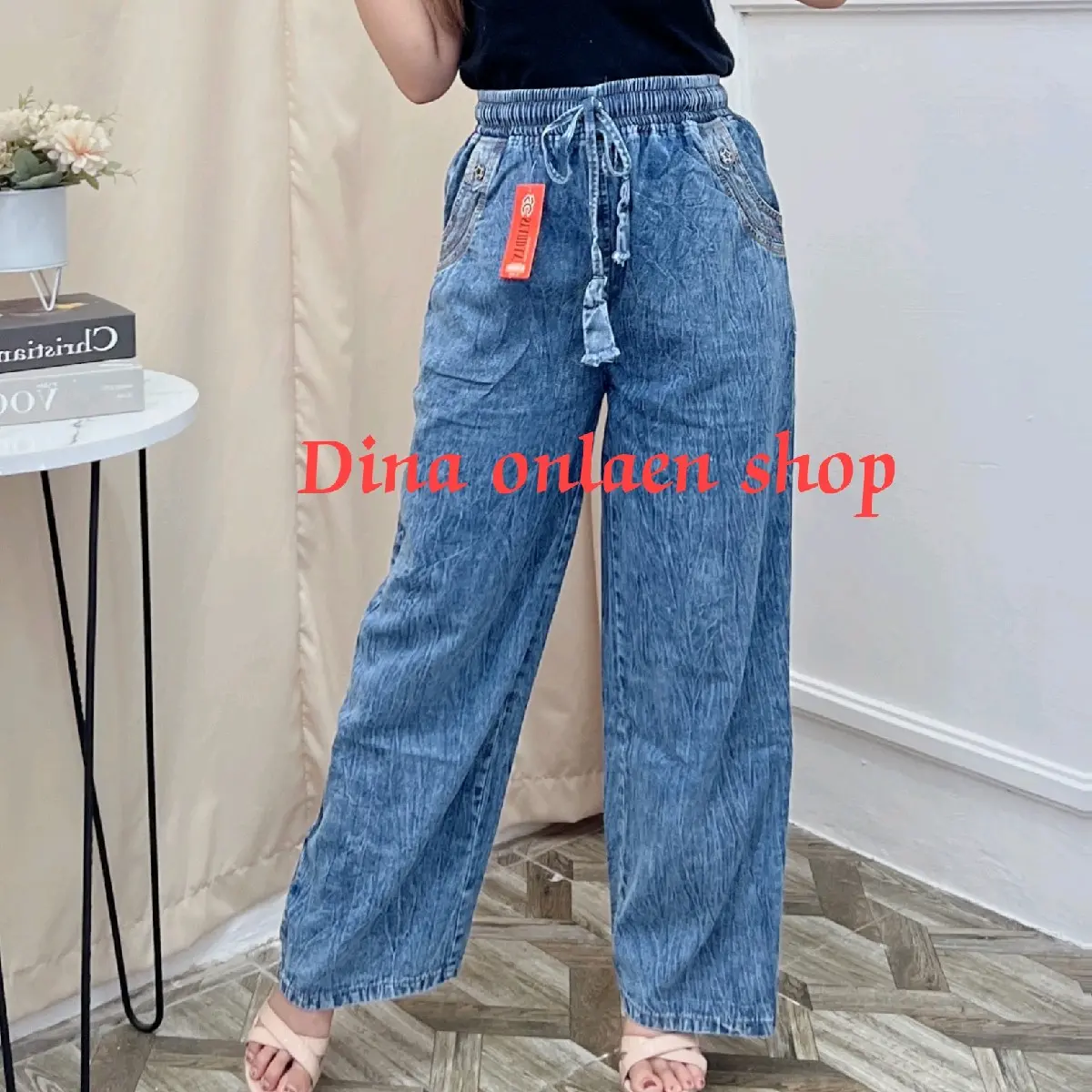 Celana Kulot Wanita Jeans Lipat Ksr Pinggang Full Karet Kulot Jeans Panjang Wanita Nyaman Celana Kulot Denim Wanita Celana Kulot Jeans Jumbo Big size