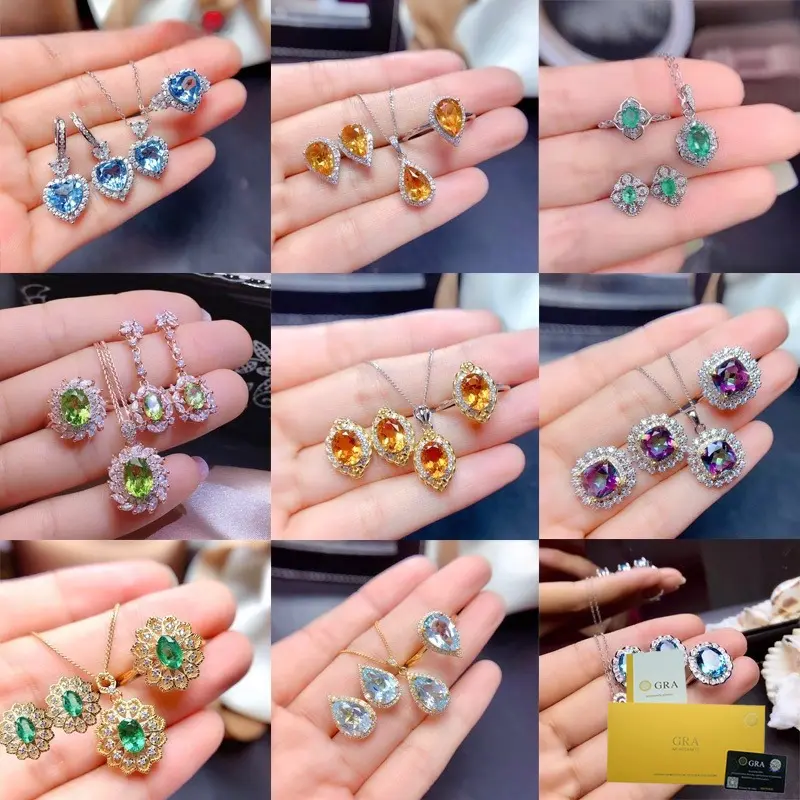 Bộ Trang Sức, Pha Lê Đầy Màu Sắc Moissanite Cao Cấp, Đá Quý Màu Sang Trọng, Vòng Cổ, Bông Tai, Bông Tai Đinh tán, Nhẫn Hở, Có Giấy Chứng Nhận Gra