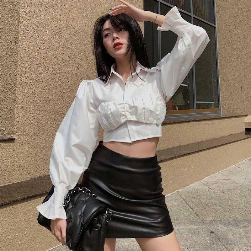 Combo áo sơ mi Nữ croptop tay dài kèm áo yếm nhún Trắng DG4223 Dáng Ngắn Shirt Women