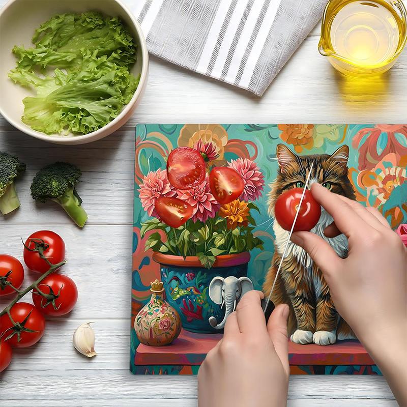 Cat & Floral Pattern Kitchen Cutting Board, Durable Heat Resistant Chopping Board, Non-slip Kitchen Chopping Board, Kitchen Decor 4