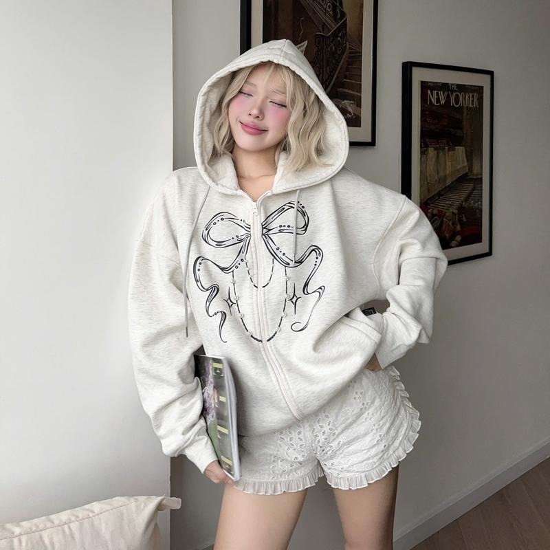 (Có màu mới ) Áo khoác HoodieZip đính ngọc trai dây kéo nỉ lót bông in nổi thêu REGODS form boxy  nữ nỉ bông 370gsm - Hoodiezip Pearl