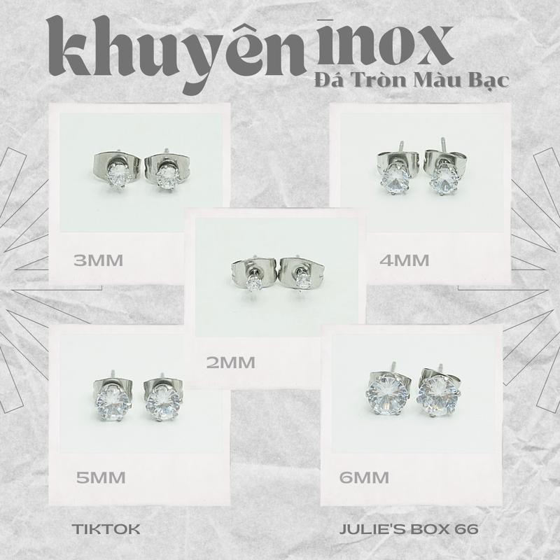 [1 Cặp] [BẤM] Khuyên tai Unisex Đá Tròn Màu Bạc Stainless Steel Không Gỉ Sét Không Ngứa Không Đen Julies Box 66 0