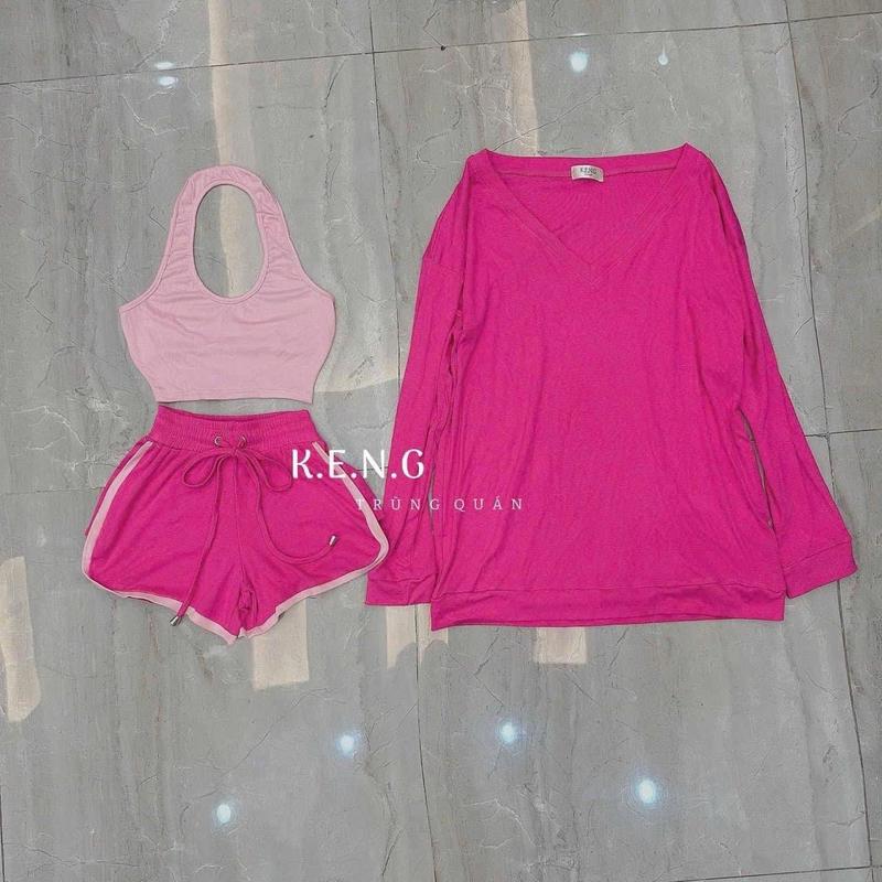 Sét bộ 3 món áo tay dài quần đùi chính chủ hình thật dưới 60kg Nữ Women Top Thun Tre Nhung 3