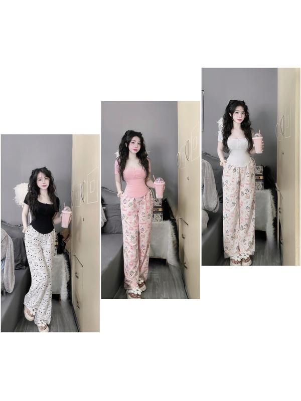 Đồ Bộ Nữ Áo Cộc Cổ Trụ Quần Ống Xuông iN Hoạ Tiết Chất Thun Tăm Dễ Thương Hot Trend M4 Top Nhung Đen