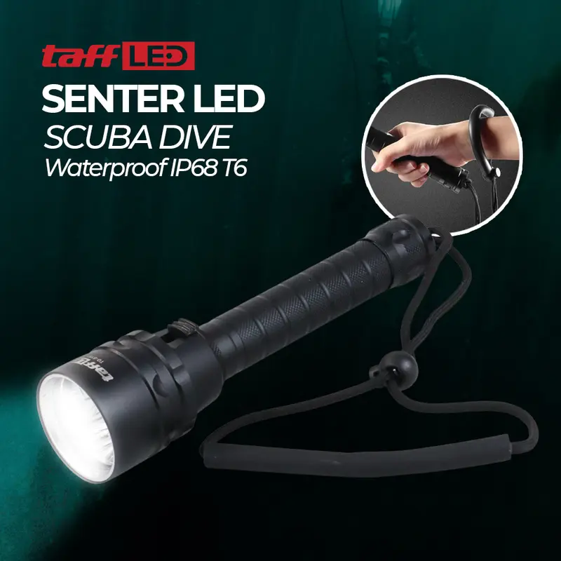 Senter Selam LED Diving Lampu Dalam Air Laut Nyelam Scuba Dive Waterproof IP68 T6 Paket Lengkap 2 Batre + Cas 1