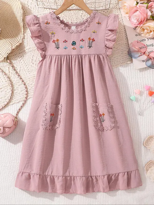 Girl's Floral Embroidery Ruffle Trim Dress, Cute Casual Short Sleeve A Line Dress for Summer, Kids Clothes for Daily Wear 0
