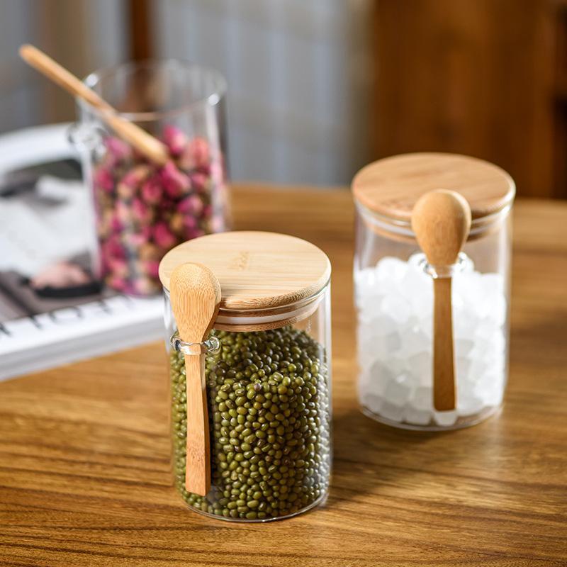 Clear Glass Storage Jar with Wooden Spoon Set (2 Sets), Household Food Storage Container with Bamboo Lid, Kitchen Utensils, Anti-breakage Packaging Sealed Bottle Set 5