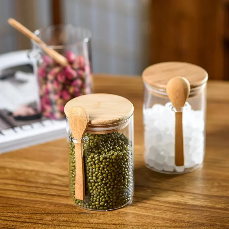 Clear Glass Storage Jar with Wooden Spoon Set (2 Sets), Household Food Storage Container with Bamboo Lid, Kitchen Utensils, Anti-breakage Packaging Sealed Bottle Set 5