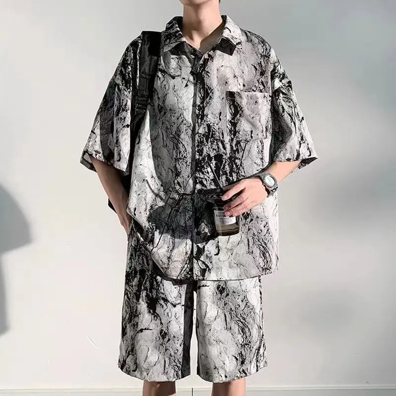 Ice Silk Suit Men's Summer Thin Loose Splash-Ink Short-Sleeved Shirt Trendy Brand Ruoshuai Casual Sports Shorts Two-Piece Set