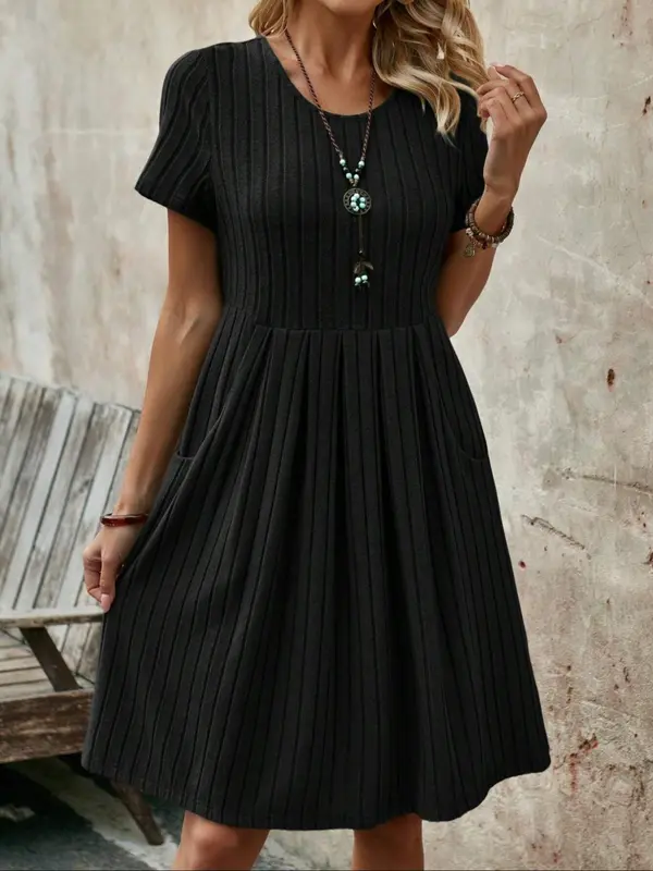 【Plus Size】 Solid Color Striped Dress, Casual Short Sleeve Round Neck Dress for Spring & Fall, Women's Clothing for Daily Wear, Casual Dresses 0
