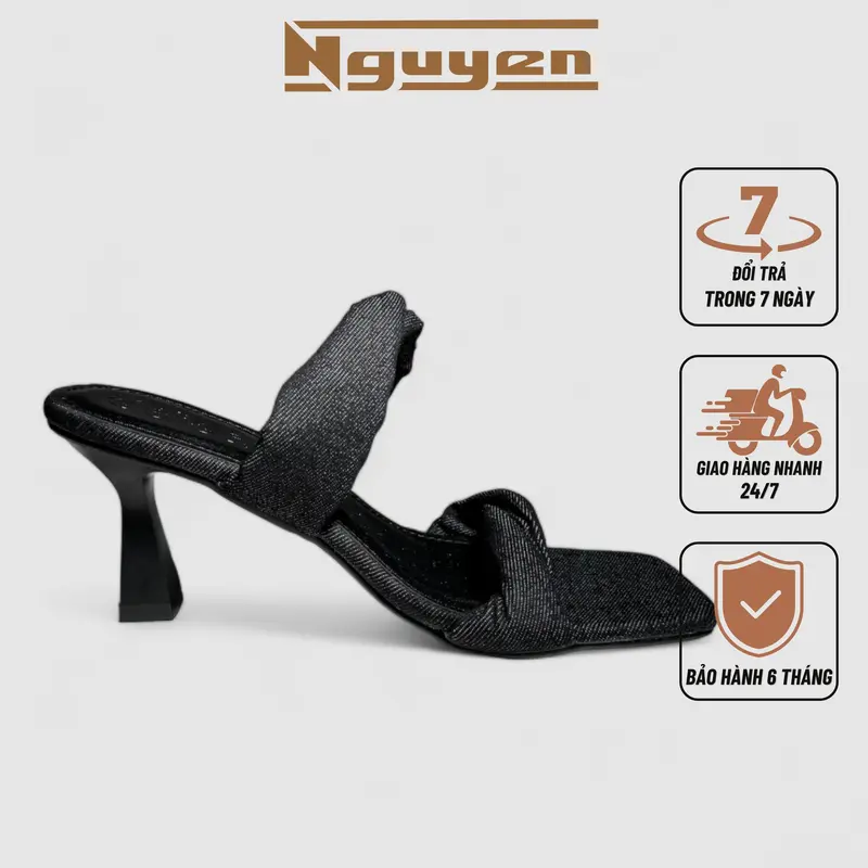 (Chân dày tăng size) Giày nữ cao gót 7p phối 2 quai ngang thời trang với chất liệu da và denim sang trọng Nguyễn Gia N168 3