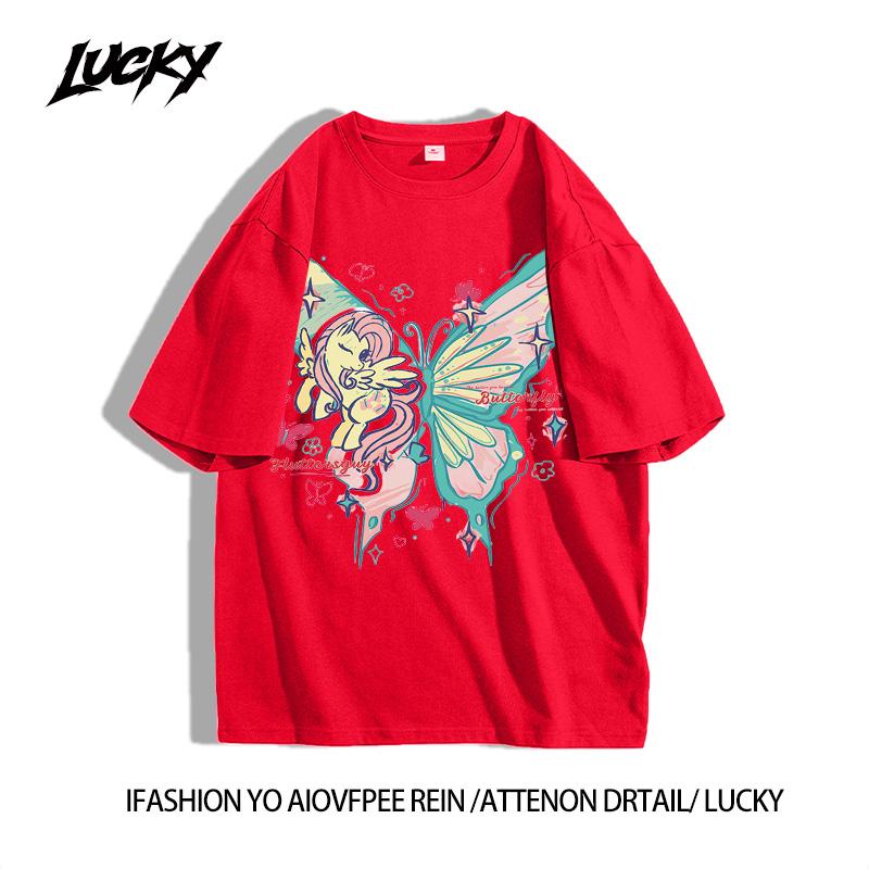 Based on summer butterfly large looseness, round collar short -sleeved T -shirt women 3