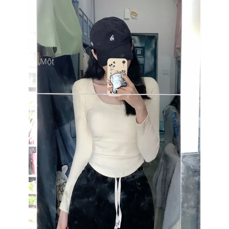 Áo Lớp Nền Độc Đáo Có Thể Mặc Trong Mùa Thu Và Mùa Đông, Áo Ôm Sát, Thiết Kế Áo Mỏng, Cổ Vuông Nhung Gợi Cảm, Áo Thun Dài Tay, Dành Cho Nữ, Phong Cách Cô Gái Nóng Bỏng 4