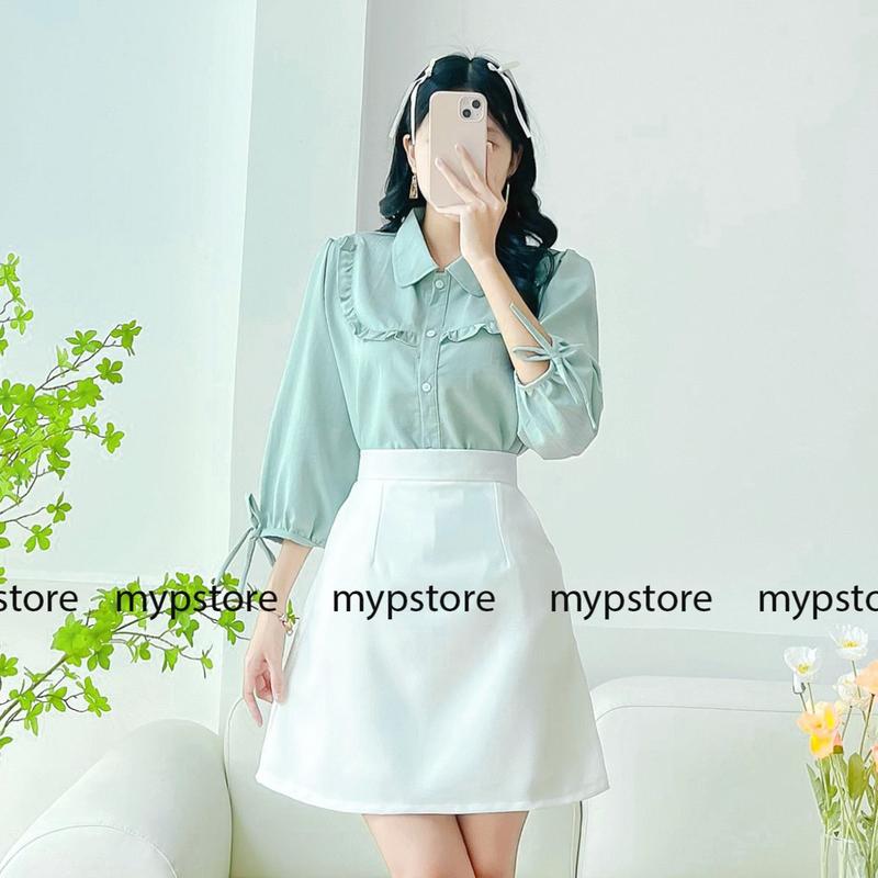 Áo sơ mi viền bèo vuông tay phồng cột nơ Mypstore