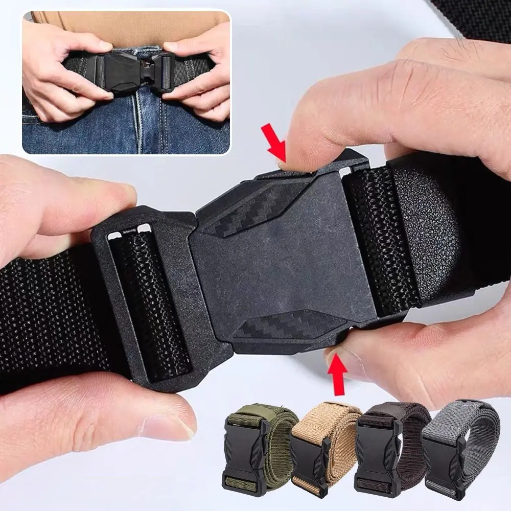 Fashion Nylon Canvas Woven Men's Belt Quick Release Automatic Buckle Nylon Canvas Belt Toothless Metal-Free Plastic Buckle Belt Men's Waist Strap for Outdoor Sports