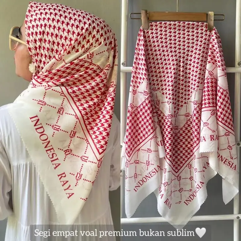Hijab Segi Empat Voal Motif Kemerdekaan Premium \ Kerudung Agustusan Republik indonesia Raya Mewah Square Muslim Printing 1