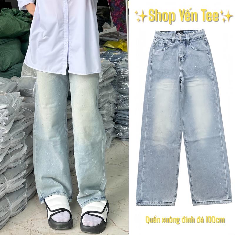 ( 4 màu ) Quần jeans ống suông đính đá Yến Tee mặc đi học chất jeans dầy cao cấp