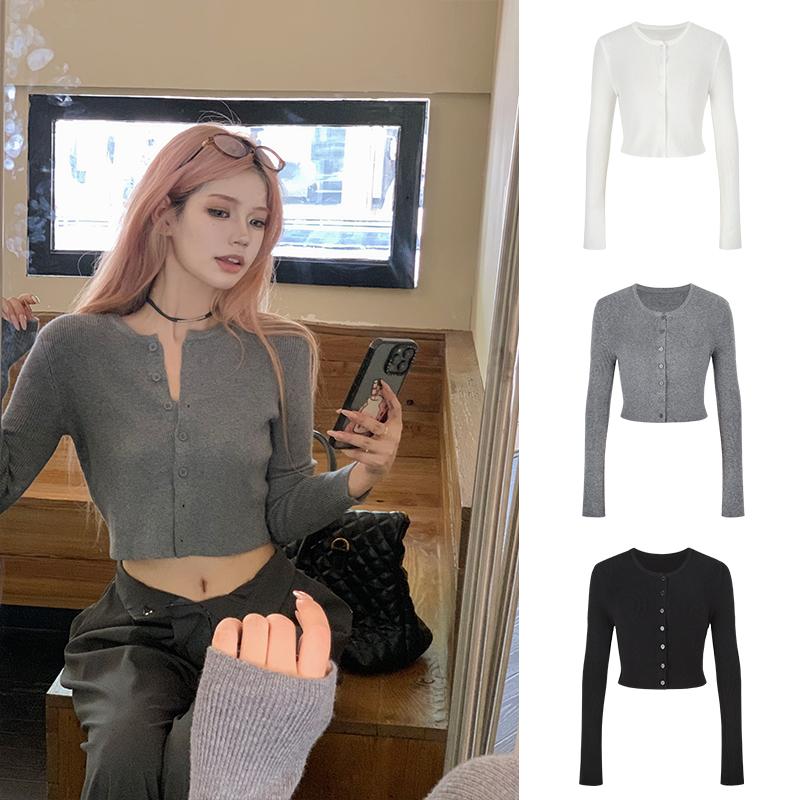 Áo Len Dệt Kim 256 # Ngắn Nút Mỏng Và Mỏng Hàng Mới Về Năm 2024 Nút Rốn Áo Khoác Hàng Đầu Phong Cách Cô Gái Nóng Bỏng#59259