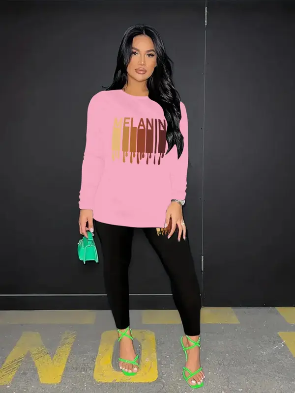 Two-Piece Set Women's Graphic Print Long Sleeve Tee & Skinny Pants Set, Casual Round Neck T-shirt & Trousers, Spring & Fall Clothes, Women's Co-ord Sets 6