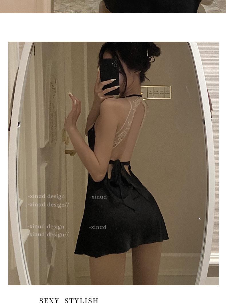 Product Introduction of Sexy lingerie deep V lace backless satin women's home clothes suspenders pajamas nightdress Loungewear Nightwear night  dress Womenswear Homewear victoria s 12