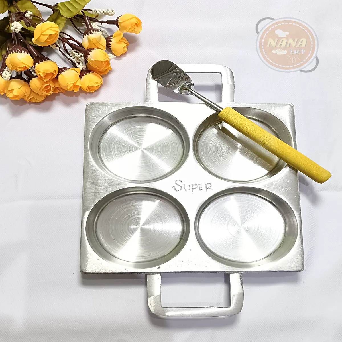 NANA SHOP Cetakan Kue Bikang Isi 4 Martabak Mini Apem Multifungsi Kitchenware dengan Tutup & Sutil Diameter 8,2 cm Tebal 2,7 cm