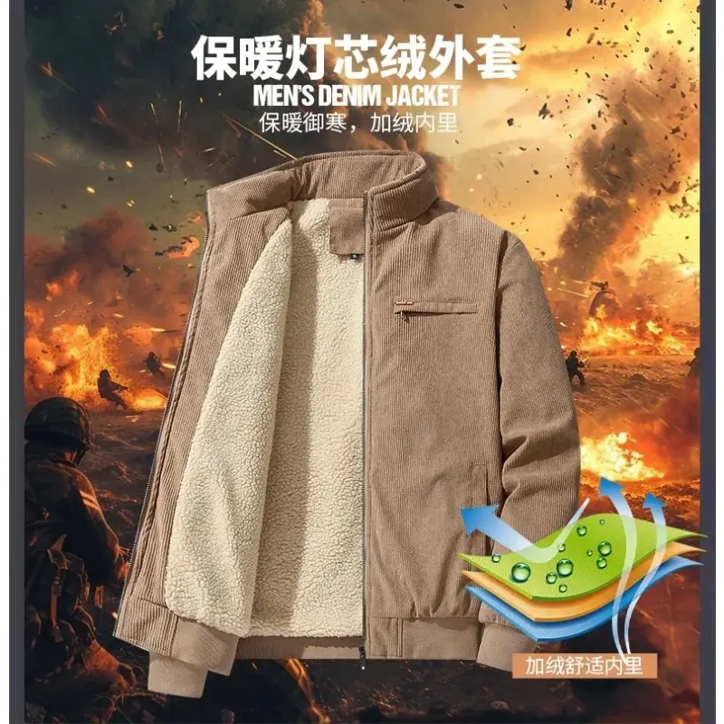 Áo khoác Vải Nhung kẻ mùa đông, dành cho nam giới, Phong cách Công Sở Thường Ngày dày và ấm, Áo khoác Parka, Lông cừu Trơn Áo khoác Bomber, Áo gió, Áo Khoác Ngoài Nam, Parkas 8