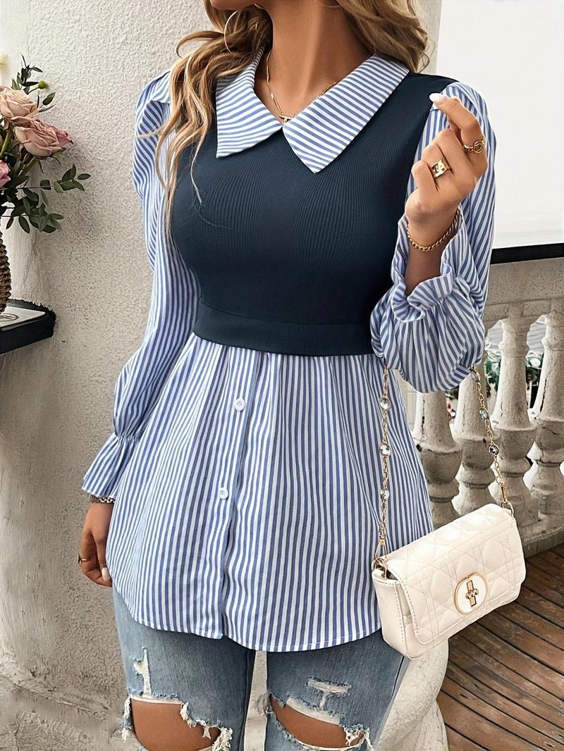 Product Introduction of Women's Striped Print Blouse, Elegant Long Sleeve Collared Top for Spring & Fall, Women's Clothing for Daily Wear 2